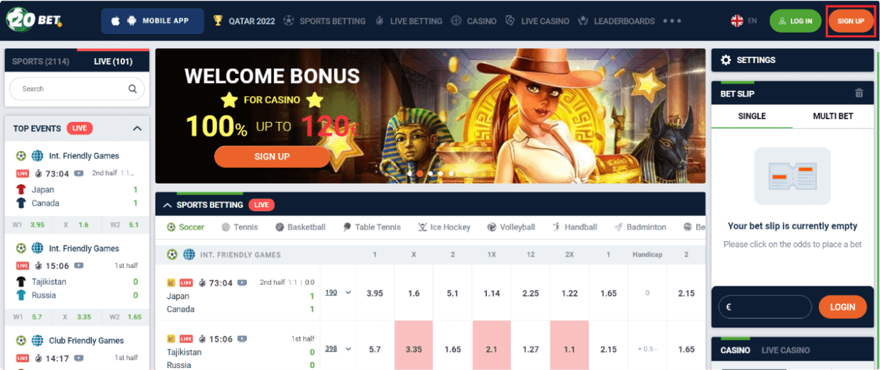 20bet Welcome bonus